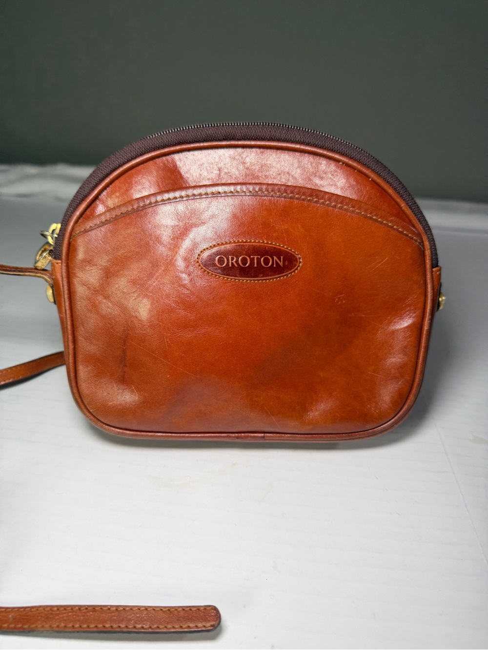 Vintage Oroton Cognac Leather Dome Crossbody with Gold Accents